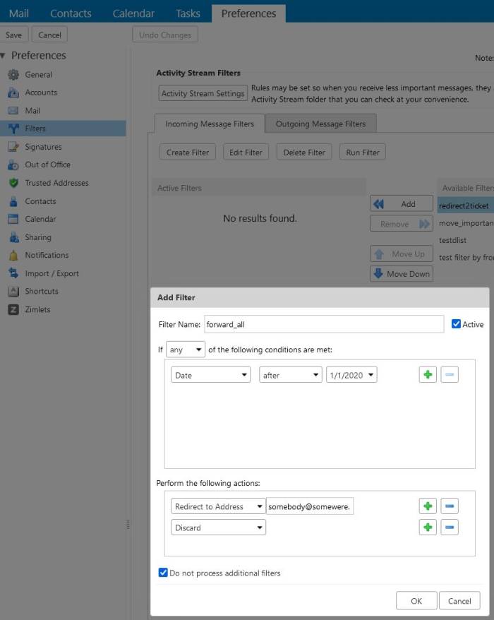 Zimbra Forward over Filters